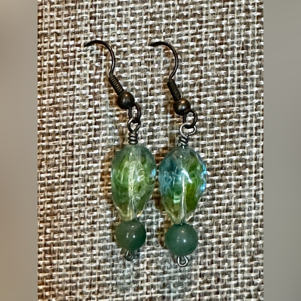 Green Glass Bead Dangle Earrings - Subtle Two-Tone Green